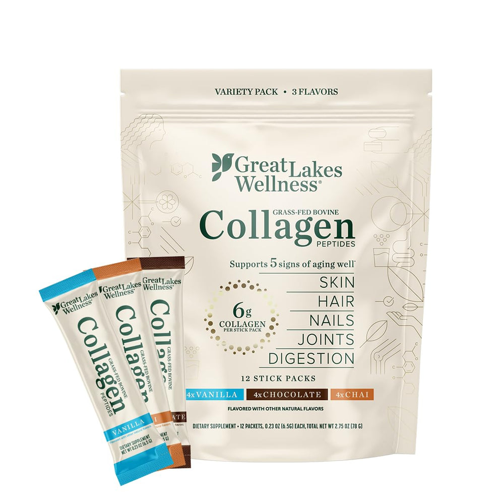 Great Lakes Wellness Collagen Peptides sticks packaging for on-the-go daily use