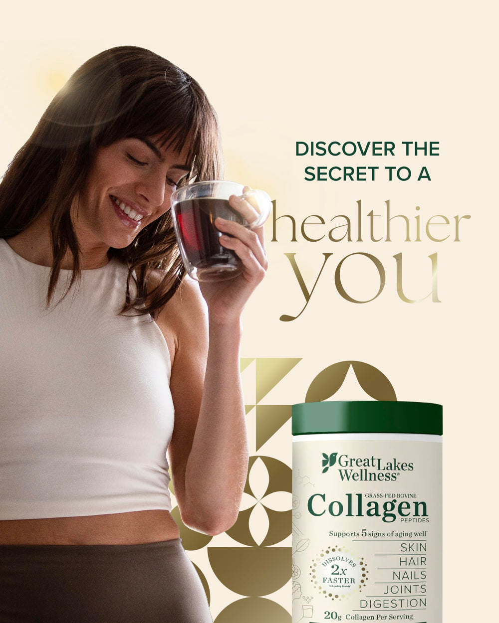 Great Lakes Wellness Collagen Peptides stirred into hot tea for easy flavor variety