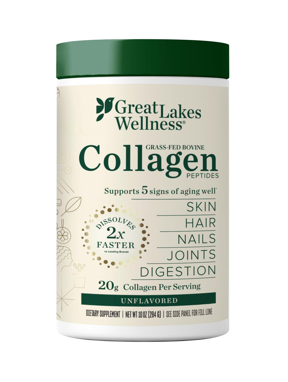 Great Lakes Wellness Collagen Peptides bottle, unflavored, daily beauty and joint support.