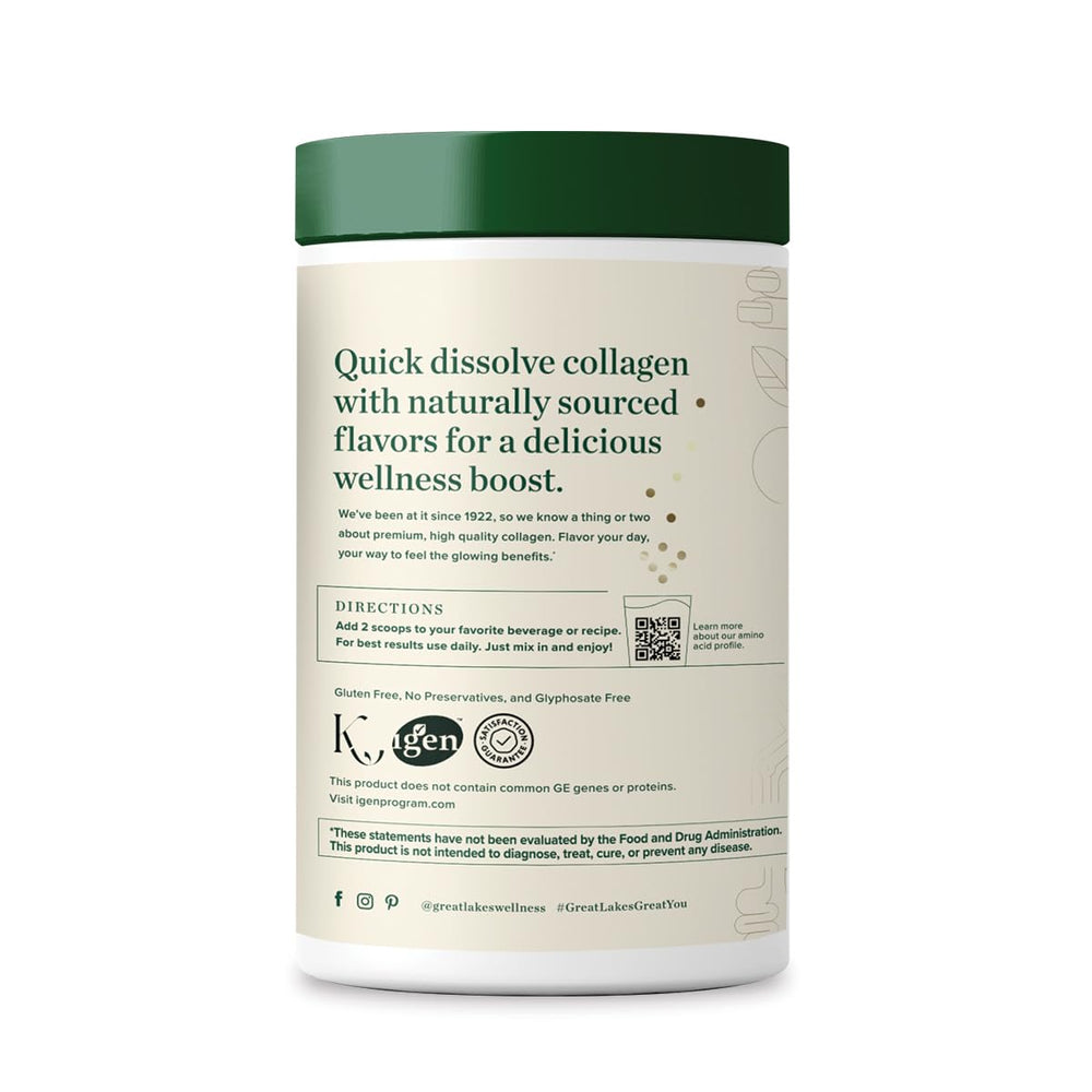 Great Lakes Wellness Collagen Peptides Vanilla dissolves easily in hot coffee or tea for a gentle boost.