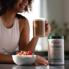 Great Lakes Wellness Collagen Peptides Vanilla shown with tea or scoop for versatile daily use.