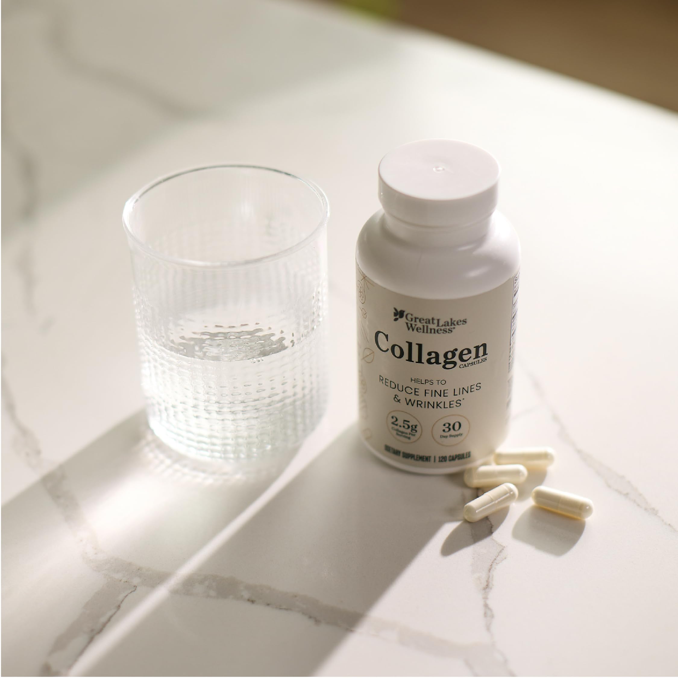 Great Lakes Wellness collagen pills non-GMO label on bottle