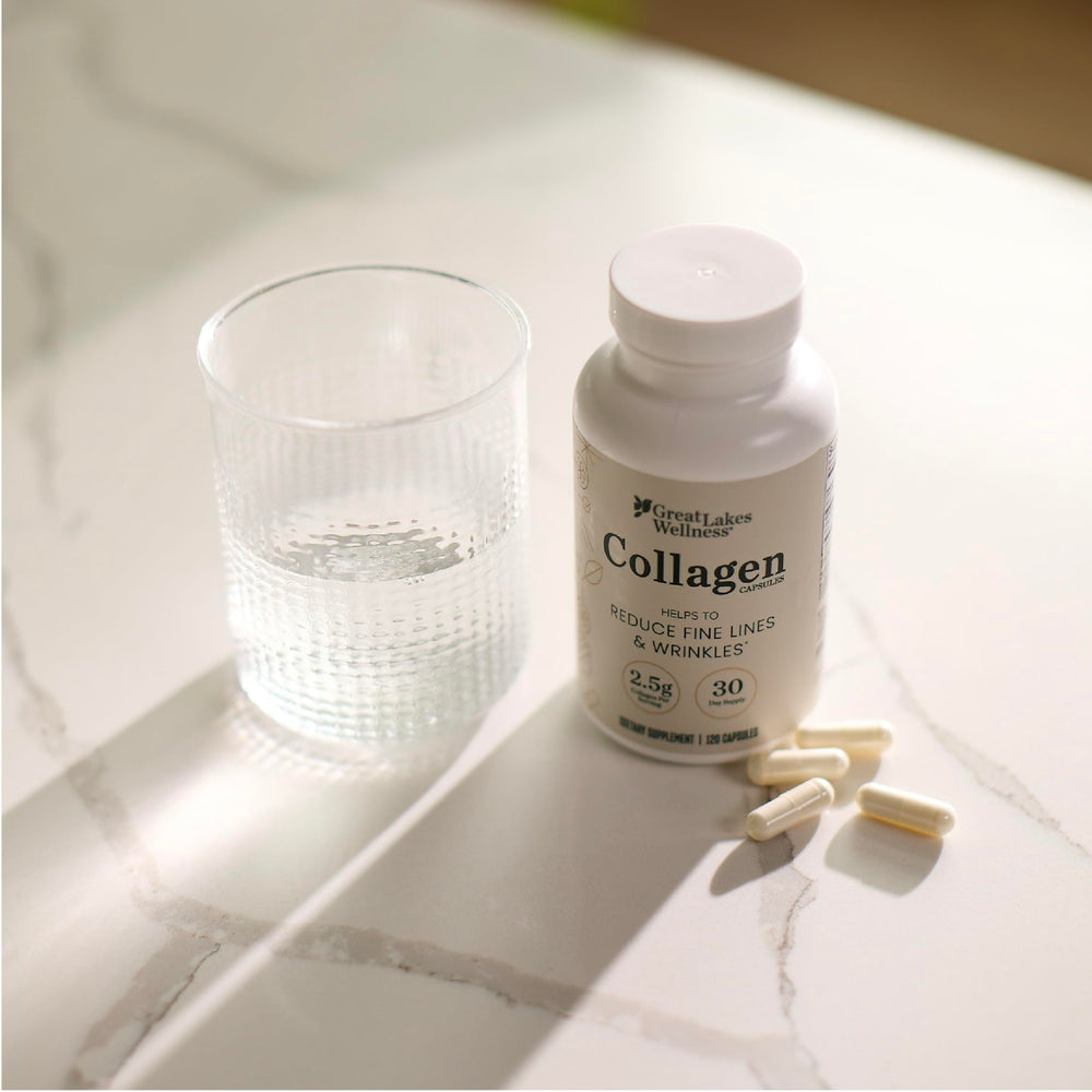 Great Lakes Wellness collagen pills non-GMO label on bottle
