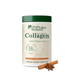 Great Lakes Wellness collagen powder chai smoothie focus with creamy flavor.