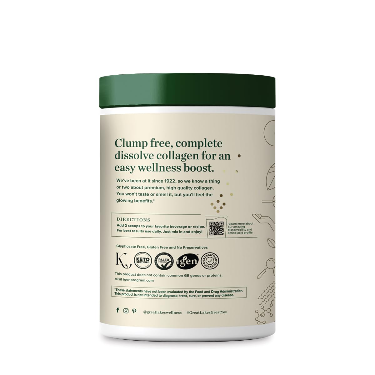 Great Lakes Wellness collagen powder close-up showing smooth, fine texture.