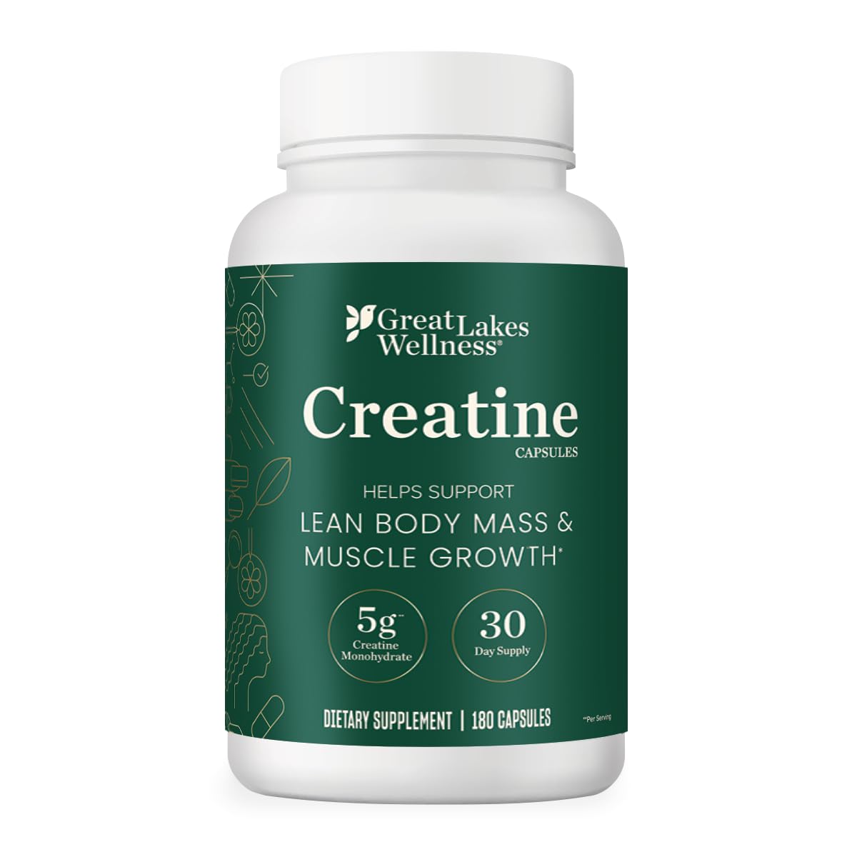 Great Lakes Wellness Creatine Monohydrate Capsules bottle front for daily strength support
