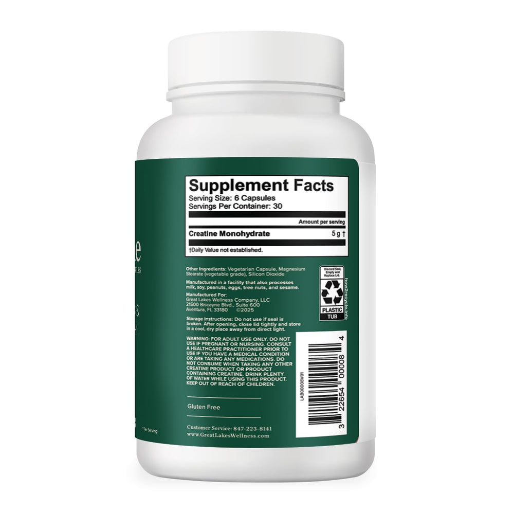 Great Lakes Wellness Creatine Monohydrate Capsules being poured for easy daily supplementation