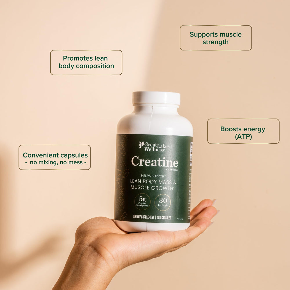 Great Lakes Wellness Creatine Monohydrate Capsules serving count on label indicating five grams per serving