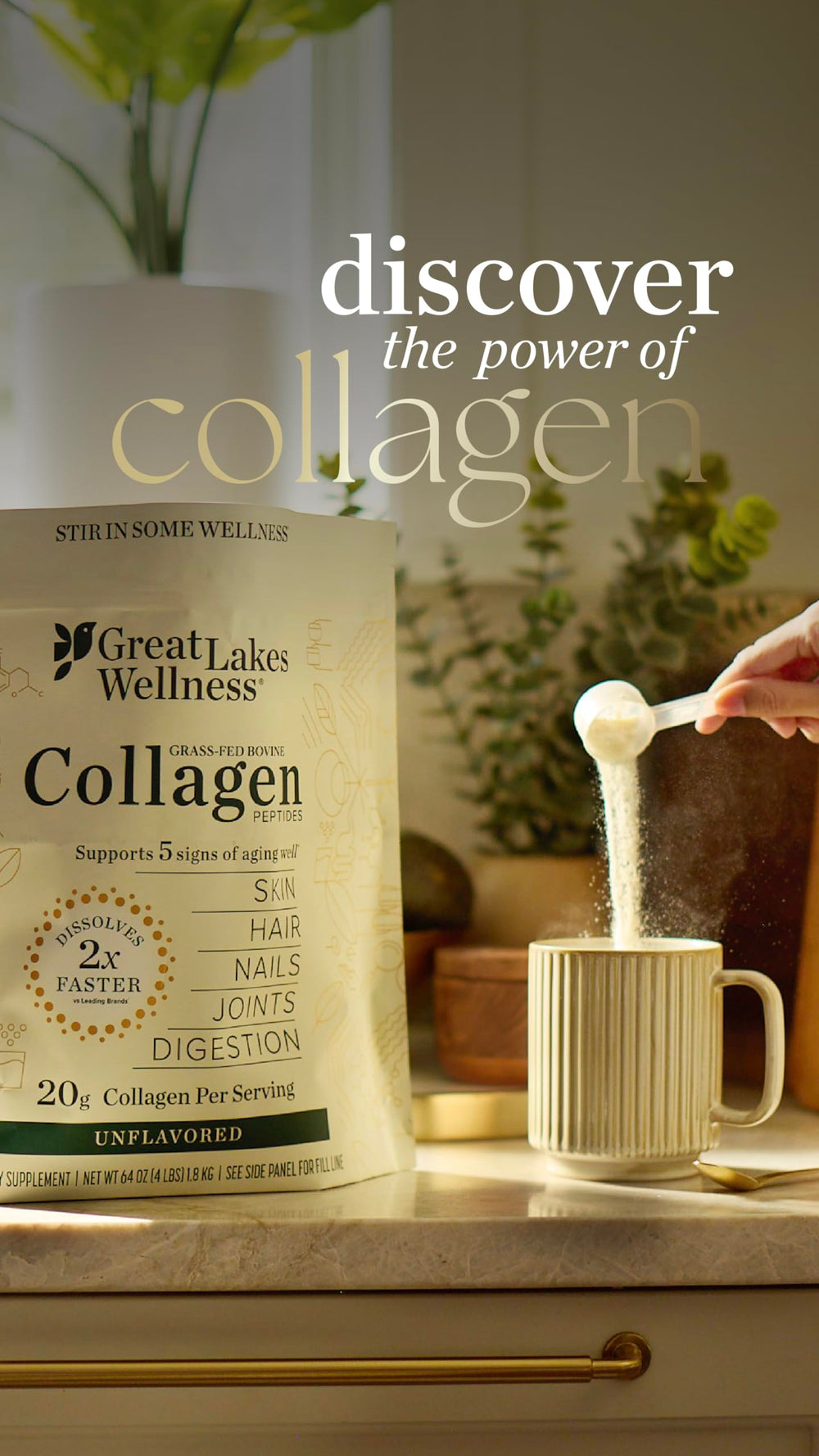 Great Lakes Wellness flavor variety assortment blends with beverages.