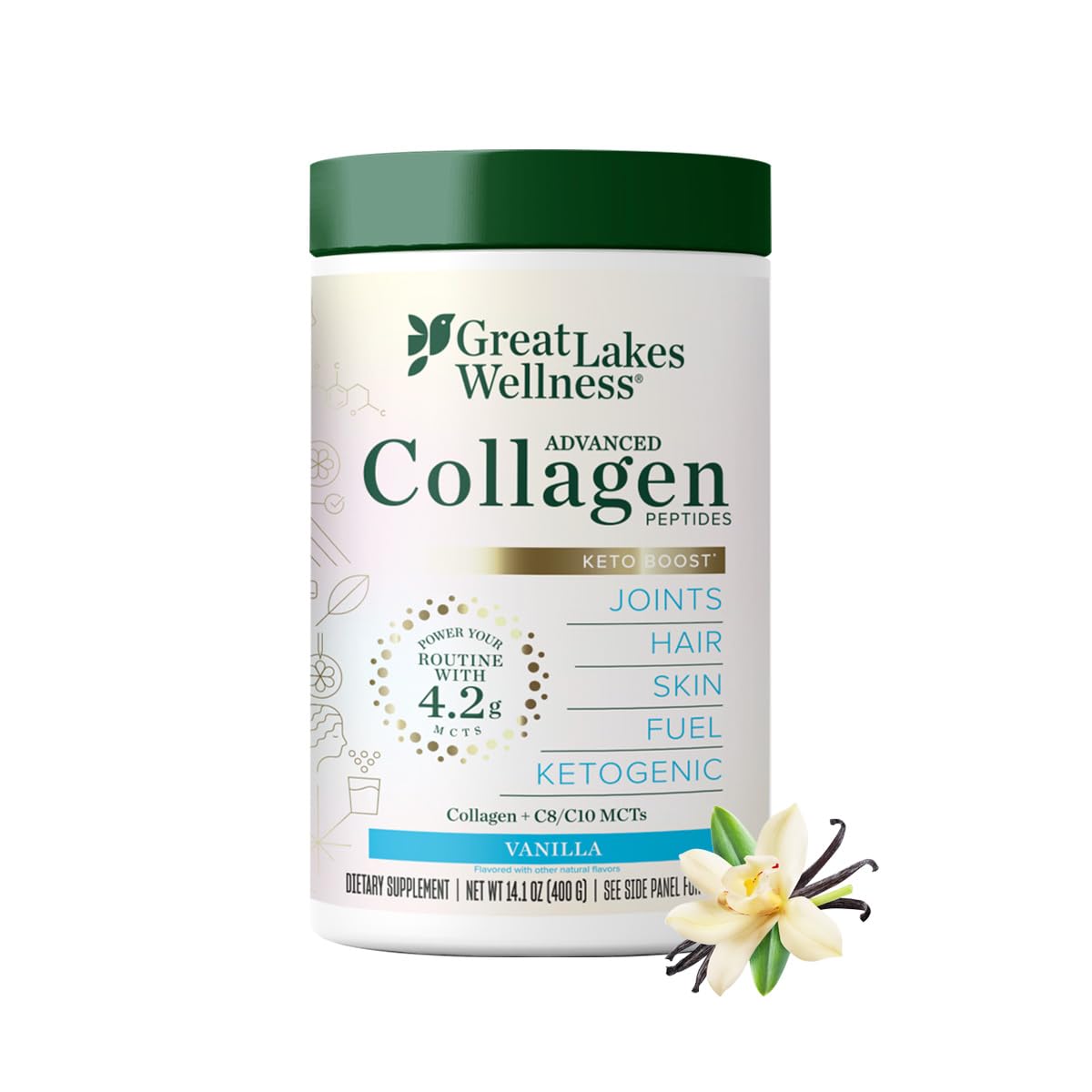Great Lakes Wellness Keto Boost advanced collagen bottle for a convenient ketogenic coffee creamer option.