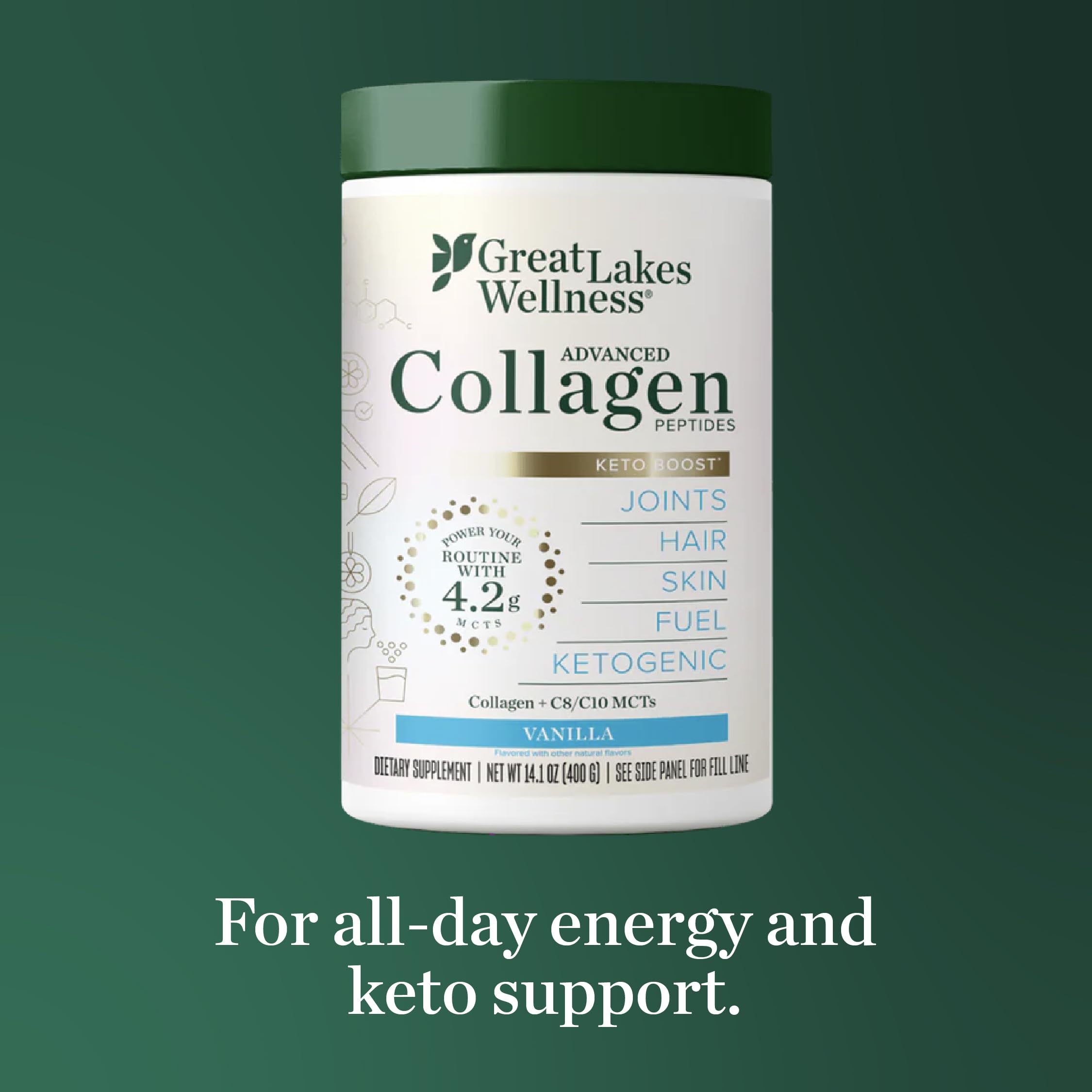Great Lakes Wellness Keto Boost non-GMO tested ingredients for mindful nutrition.