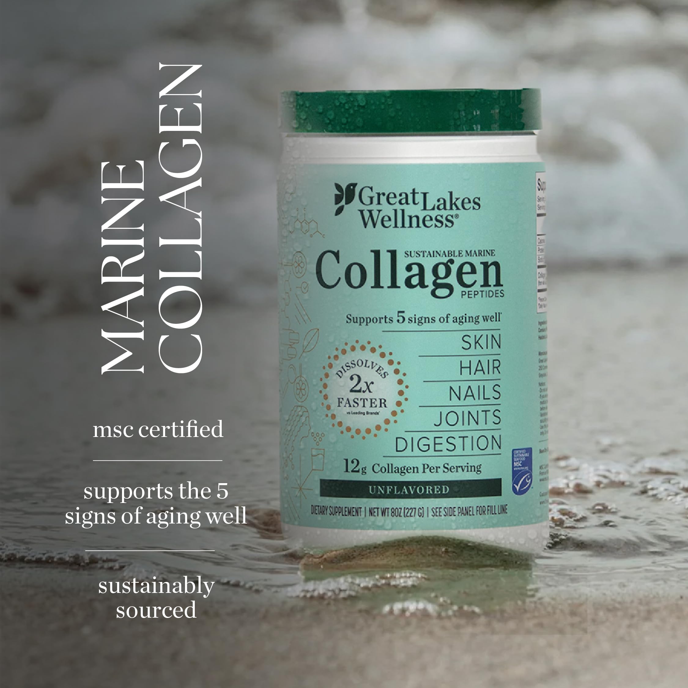Great Lakes Wellness collagen powder in refrigerator drawer, hinting quick dissolves 2x faster.
