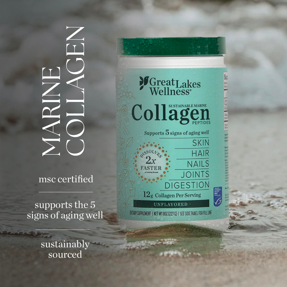 Great Lakes Wellness collagen powder in refrigerator drawer, hinting quick dissolves 2x faster.