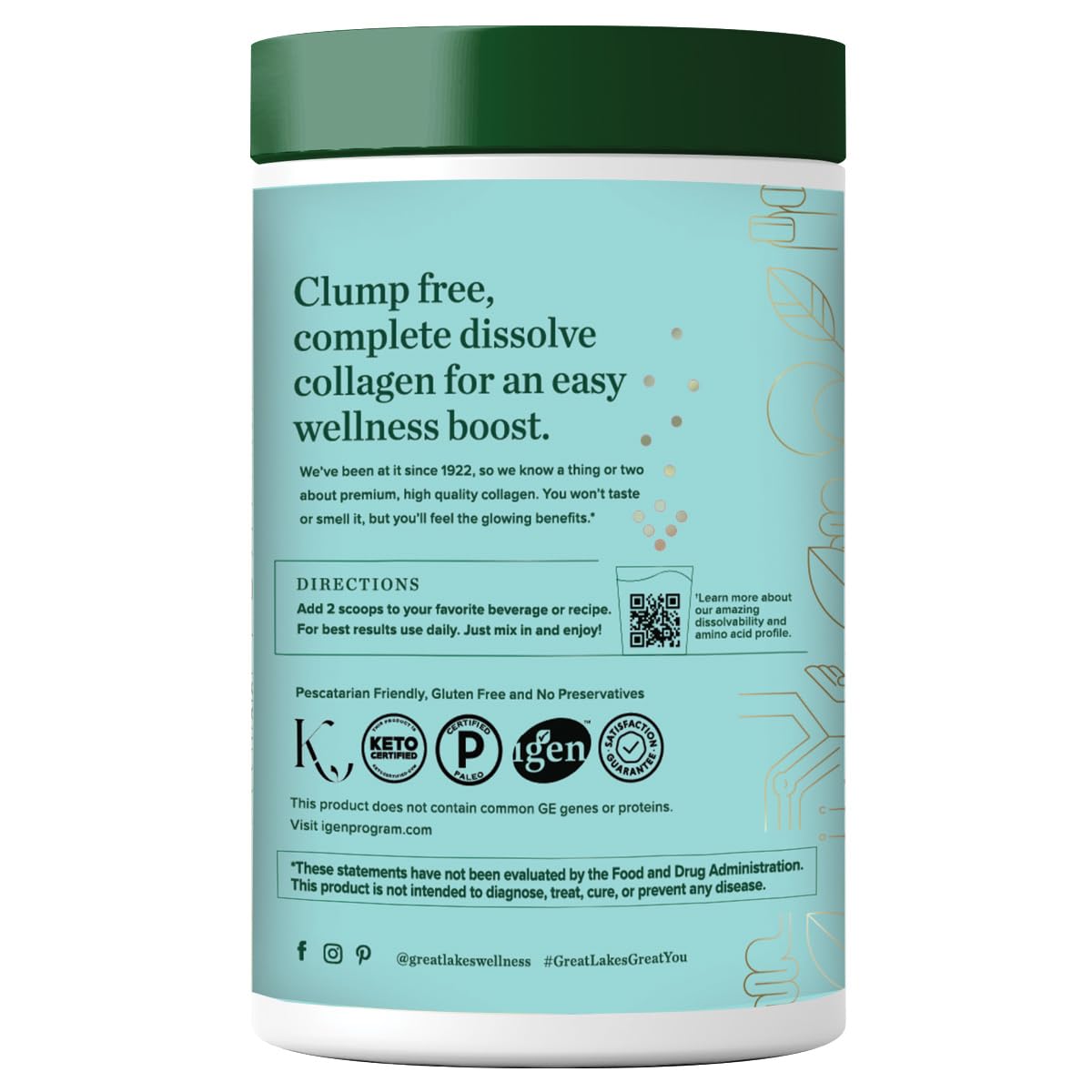 Scoop beside the powder highlights easy mixing for quick collagen support