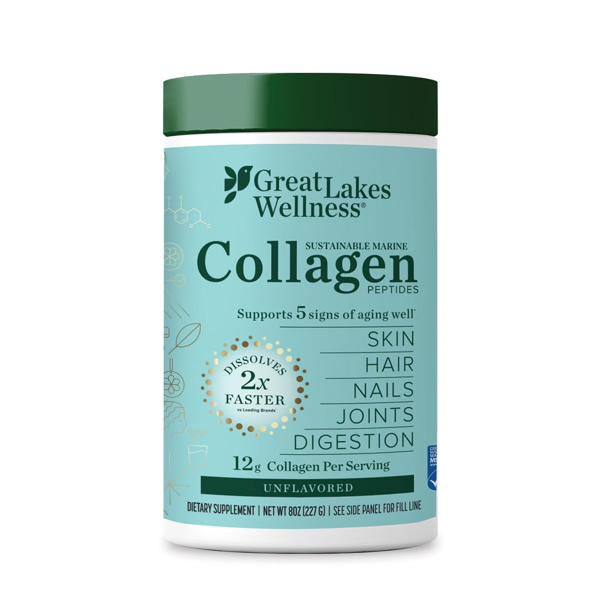 Great Lakes Wellness marine collagen bottle closeup, unflavored formula ideal for daily skin, hair, and nails support.