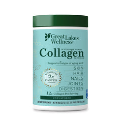 Great Lakes Wellness marine collagen bottle closeup, unflavored formula ideal for daily skin, hair, and nails support.