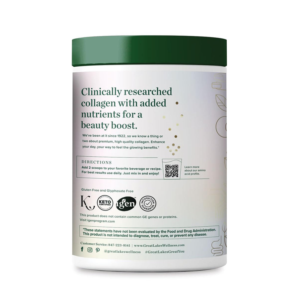 Great Lakes Wellness Raspberry Lemonade flavor powder in glass with spoon for mixing.