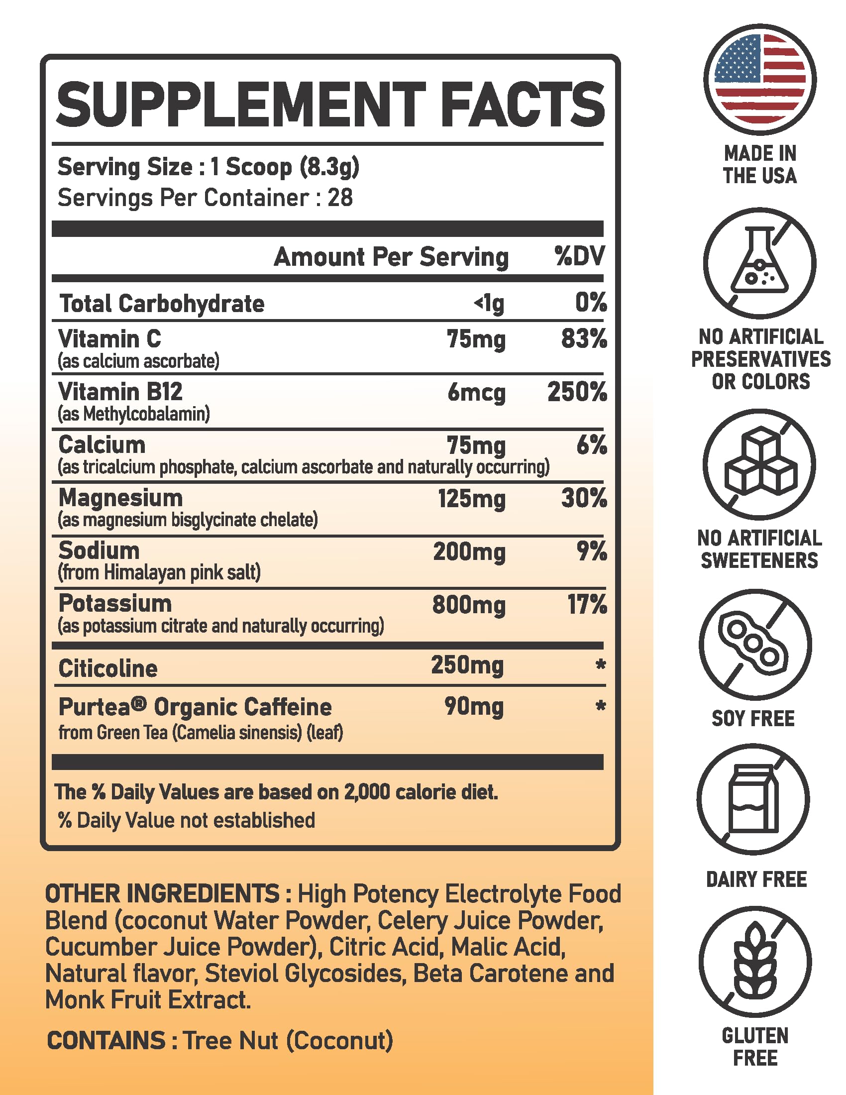 Great Naturally Focus+ Orange bottle label close-up showing a clean formula.