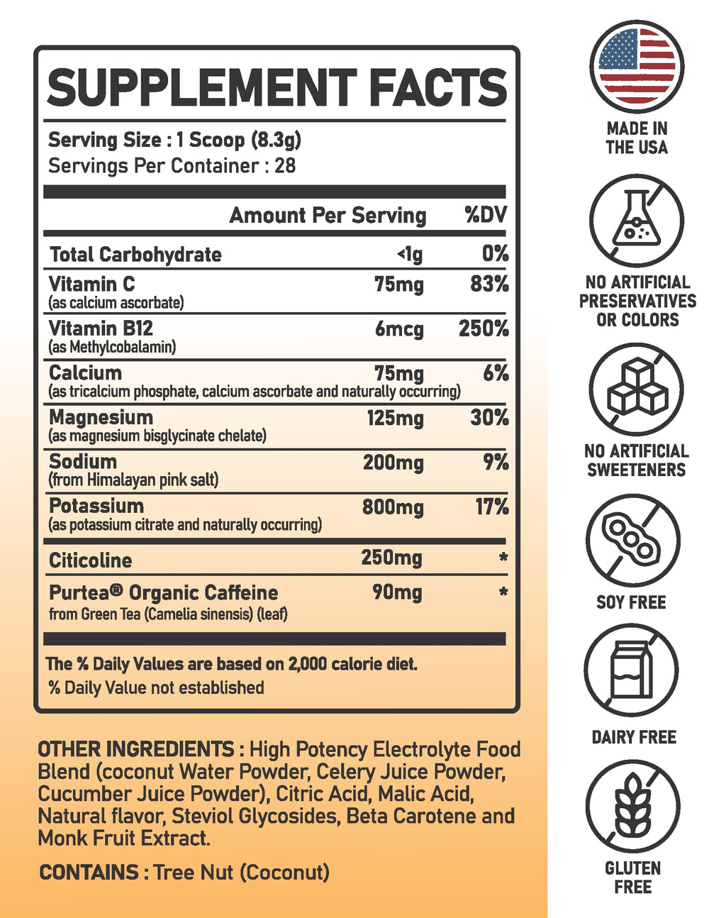 Great Naturally Focus+ Orange bottle label close-up showing a clean formula.