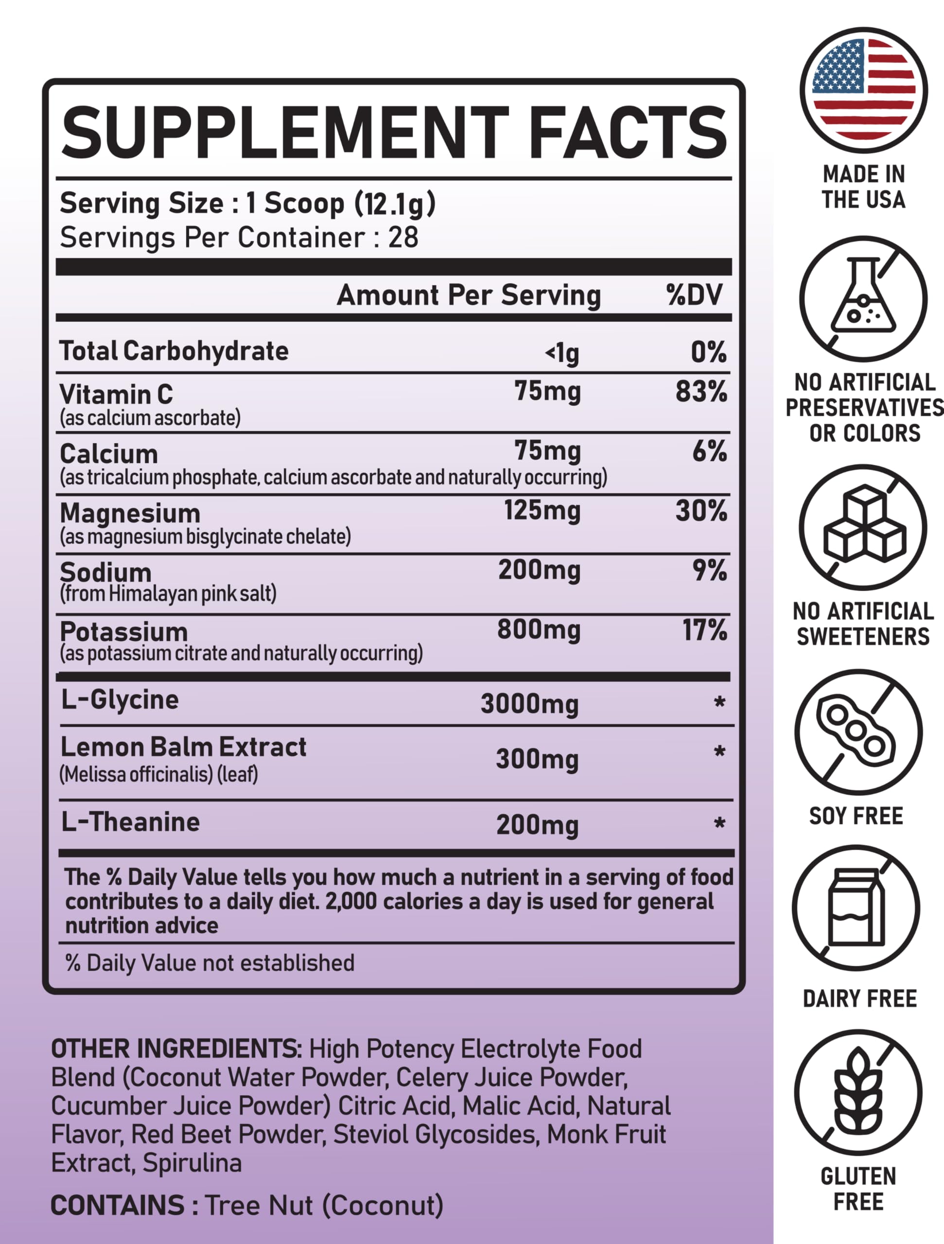 Great Naturally Relax+ label detail emphasizes glycine and lemon balm for mood support.
