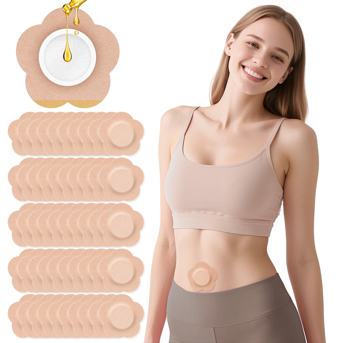 GREBIKE castor oil patches beige pack open, compact and travel-friendly.