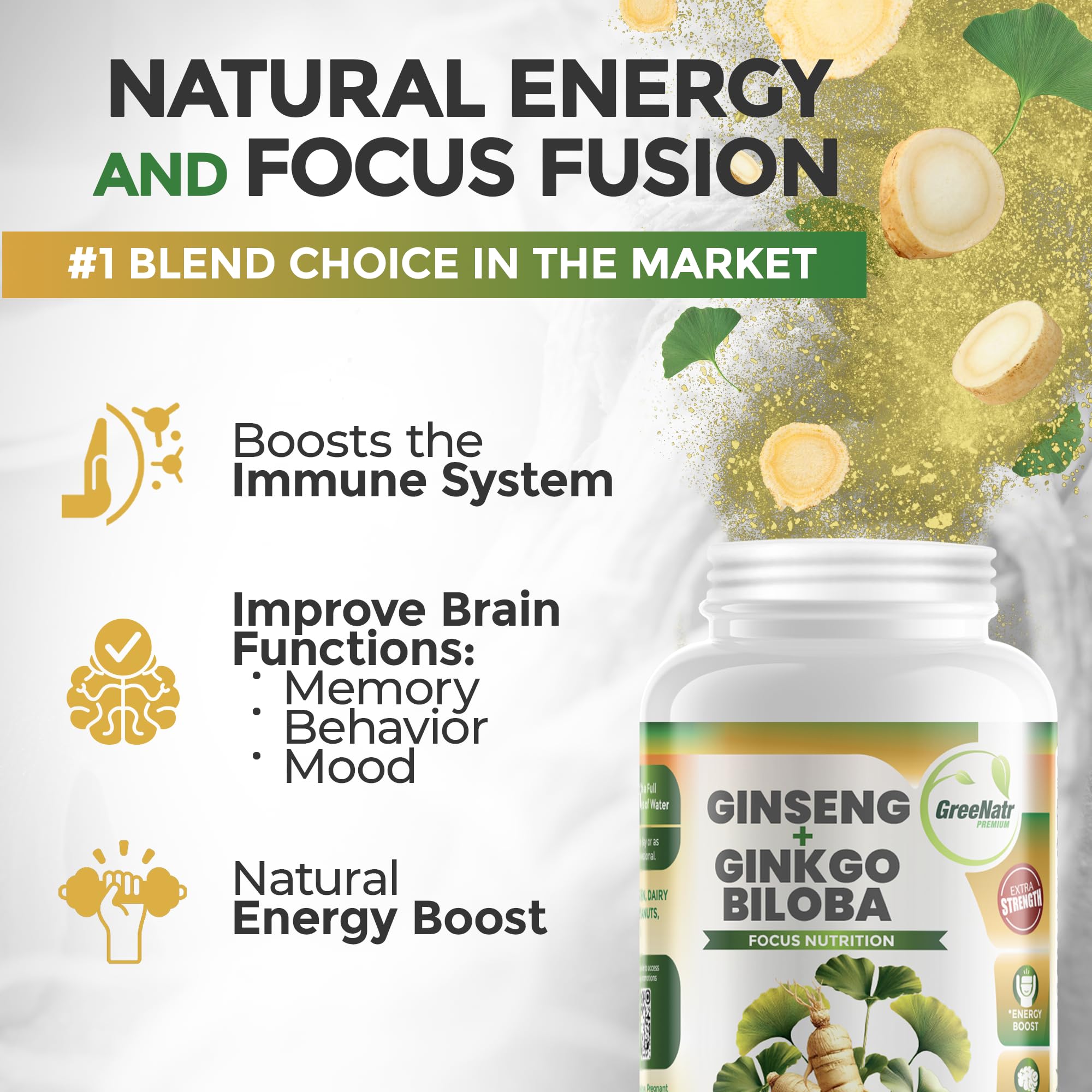 GreeNatr energy and focus tablets displayed on a bright desk support daytime productivity.