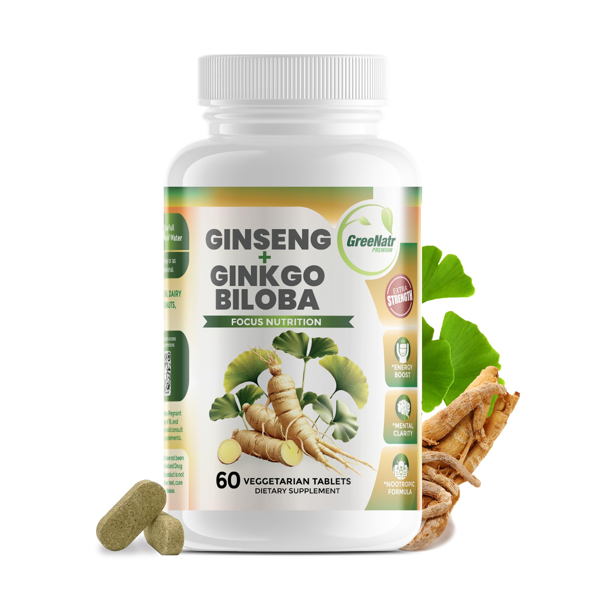 GreeNatr Ginko Biloba bottle highlights natural cognitive support for daily focus.