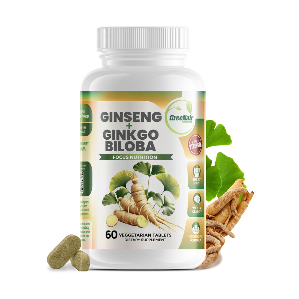 GreeNatr Ginko Biloba bottle highlights natural cognitive support for daily focus.