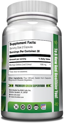 GreeNatr Pure Moringa capsules closeup reveals veggie capsules for easy swallowing.