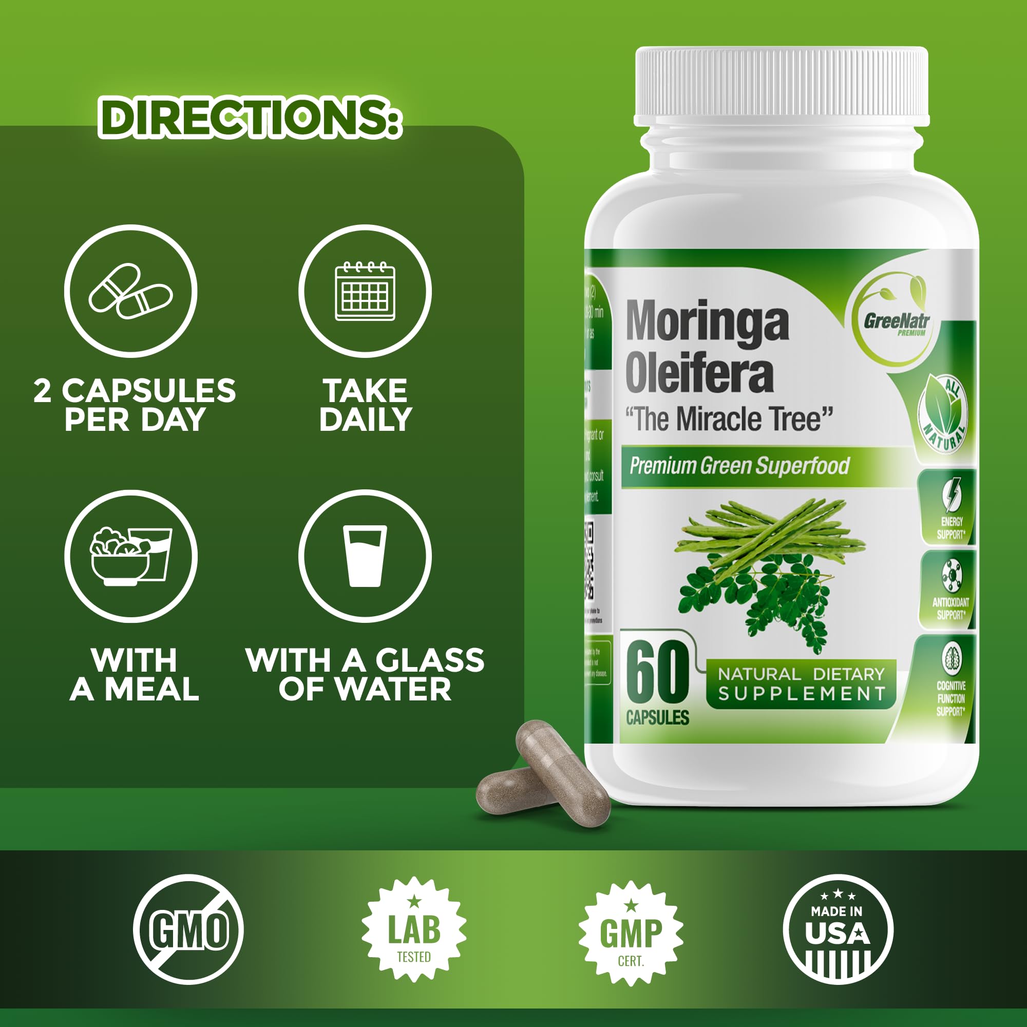 GreeNatr Pure Moringa ingredient list highlights vitamins and antioxidants.