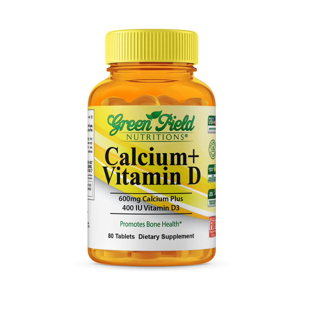 Green Field Nutritions halal calcium 600mg with vitamin D3 tablets, front view for bone support.