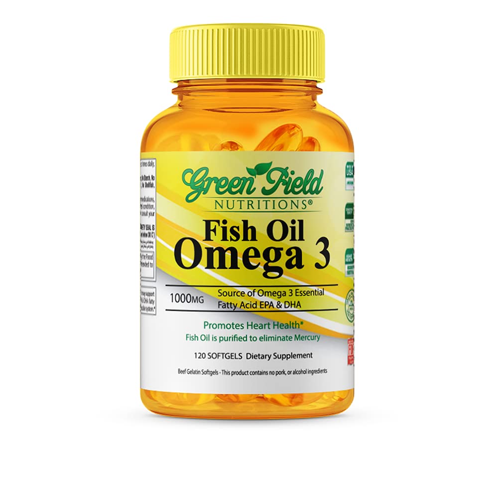 GREEN FIELD NUTRITIONS Halal Fish Oil bottle highlights EPA and DHA for heart and brain support