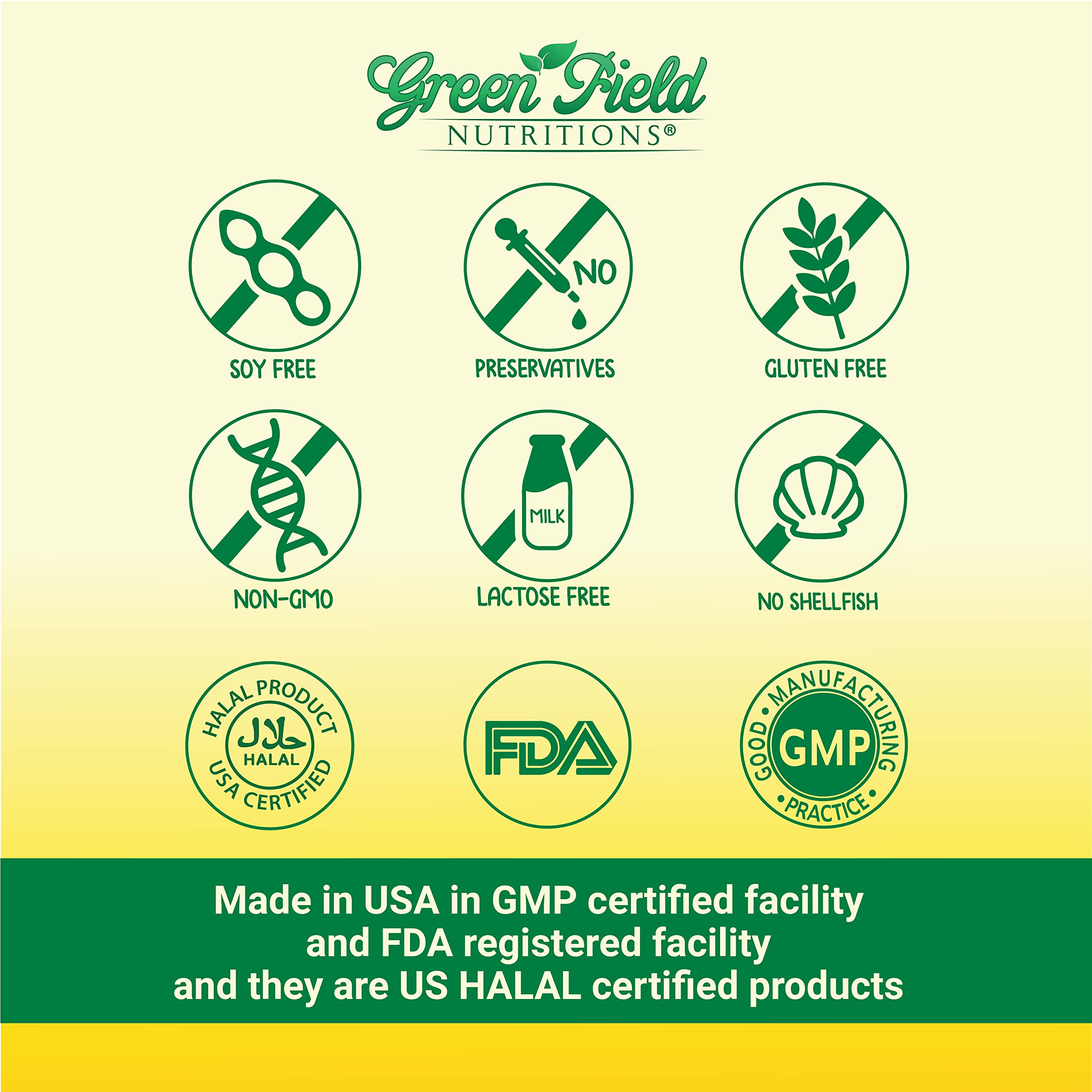 GREEN FIELD NUTRITIONS Halal Fish Oil label shows small wild Peruvian fish origin