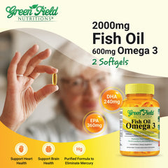 GREEN FIELD NUTRITIONS two-softgel serving image emphasizes 600 mg Omega-3 per serving