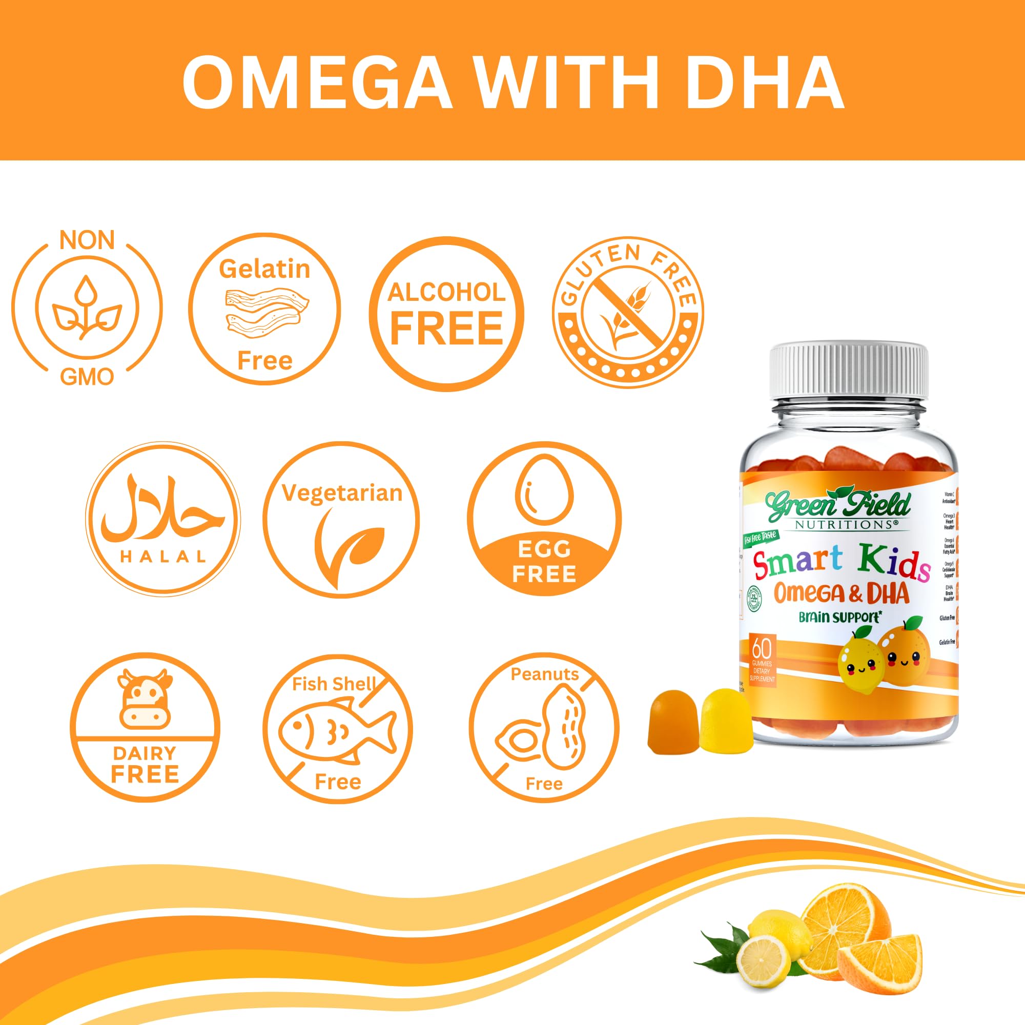 Green Field Nutritions halal omega-3 gummies close-up with natural citrus flavors