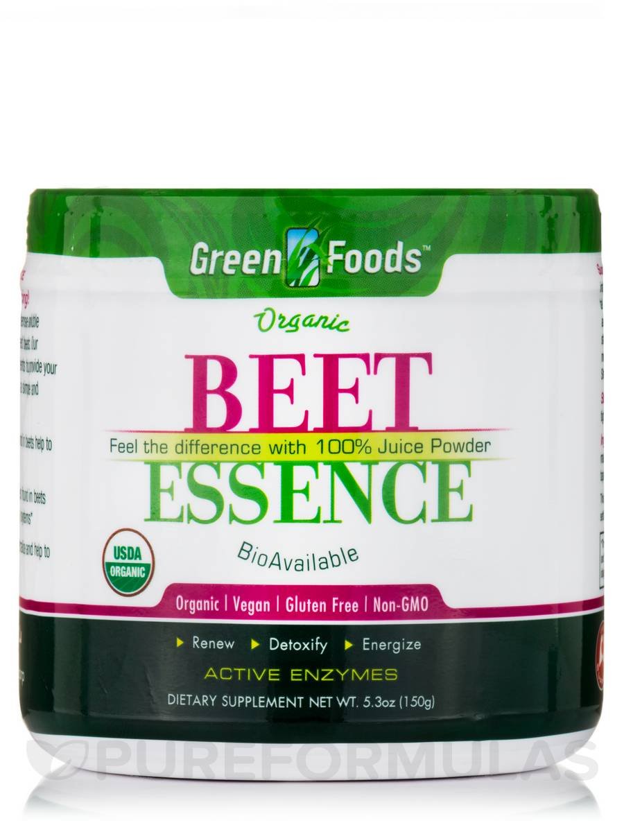 Green Foods Beet Essence bottle highlights organic, gluten-free supplement for daily wellness.