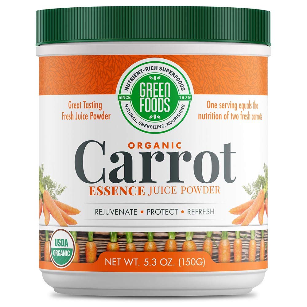 Green Foods Carrot Essence bottle pour shows a vibrant powder for easy daily beverages.