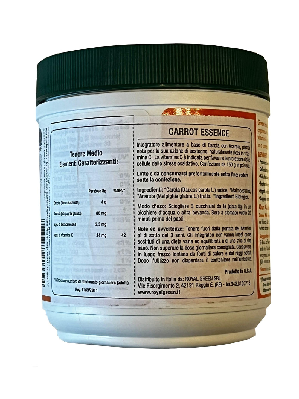 Green Foods Carrot Essence powder jar highlights a nutrient-dense mix ready to blend.