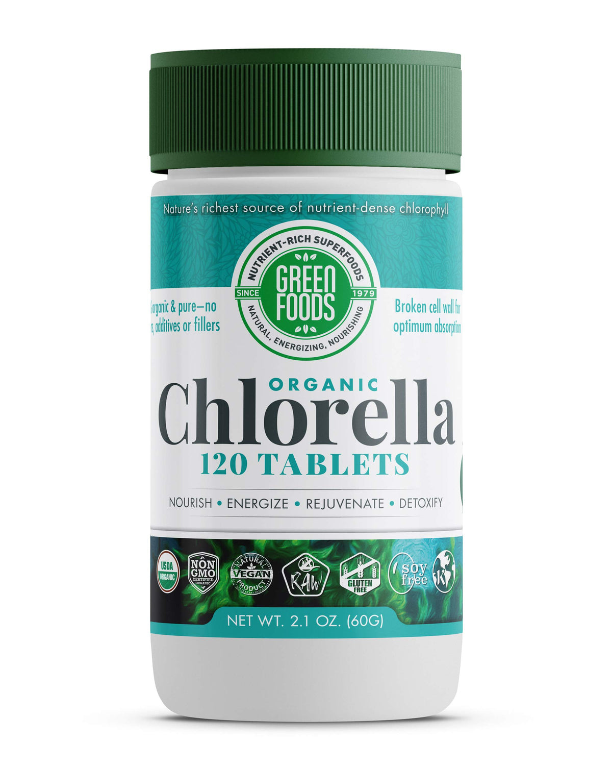 Green Foods chlorella 500 mg bottle pour for daily wellness and potential detox support.