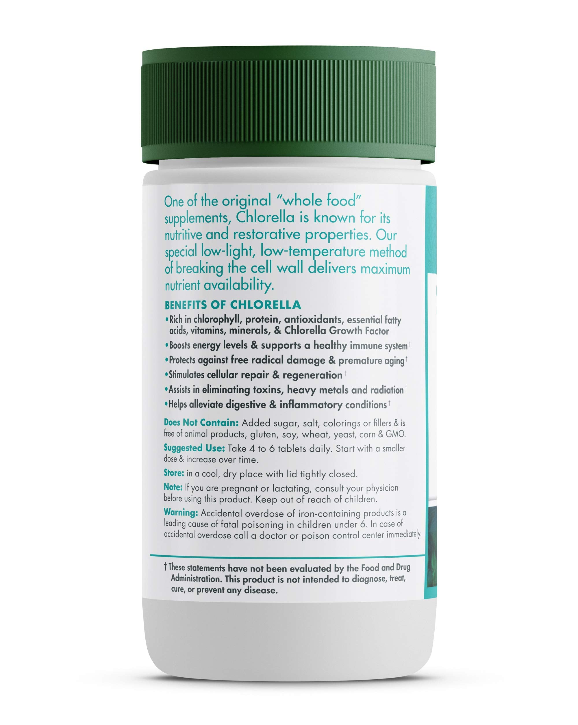 Closeup of Green Foods chlorella 500 mg capsules for convenient daily digestion support.