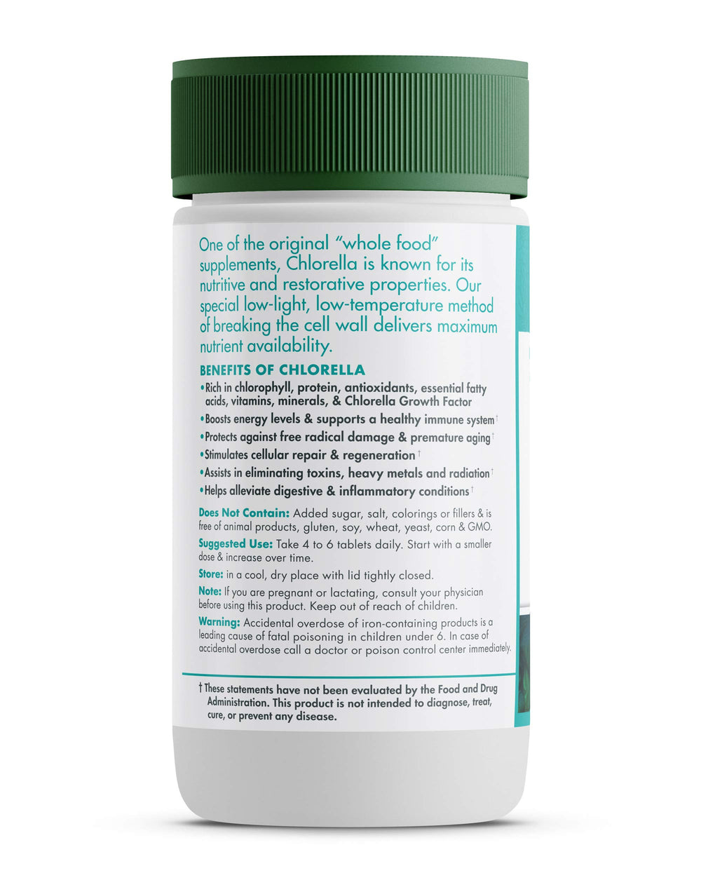 Closeup of Green Foods chlorella 500 mg capsules for convenient daily digestion support.