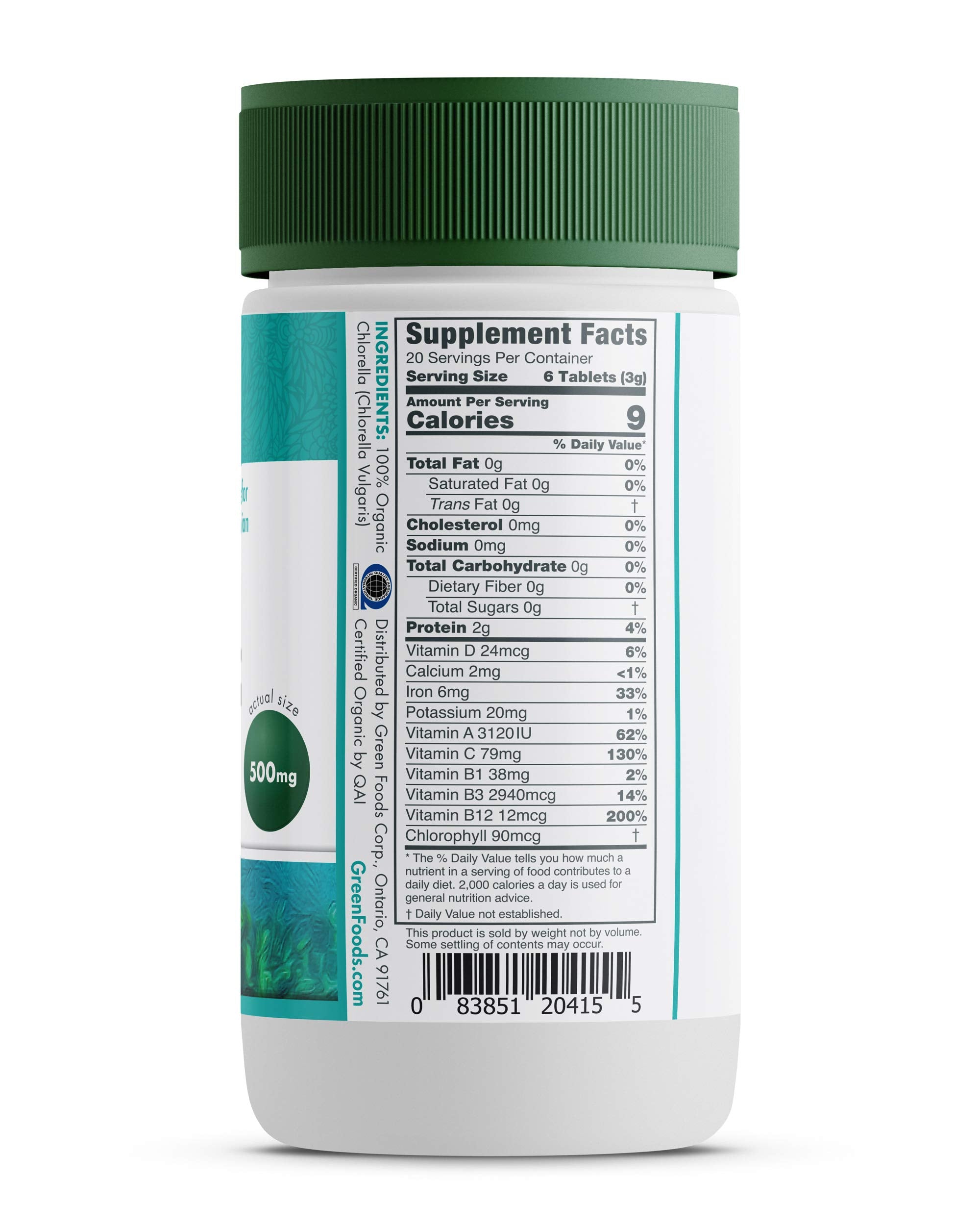 Green Foods chlorella 500 mg bottle label detail showing organic source and quality.