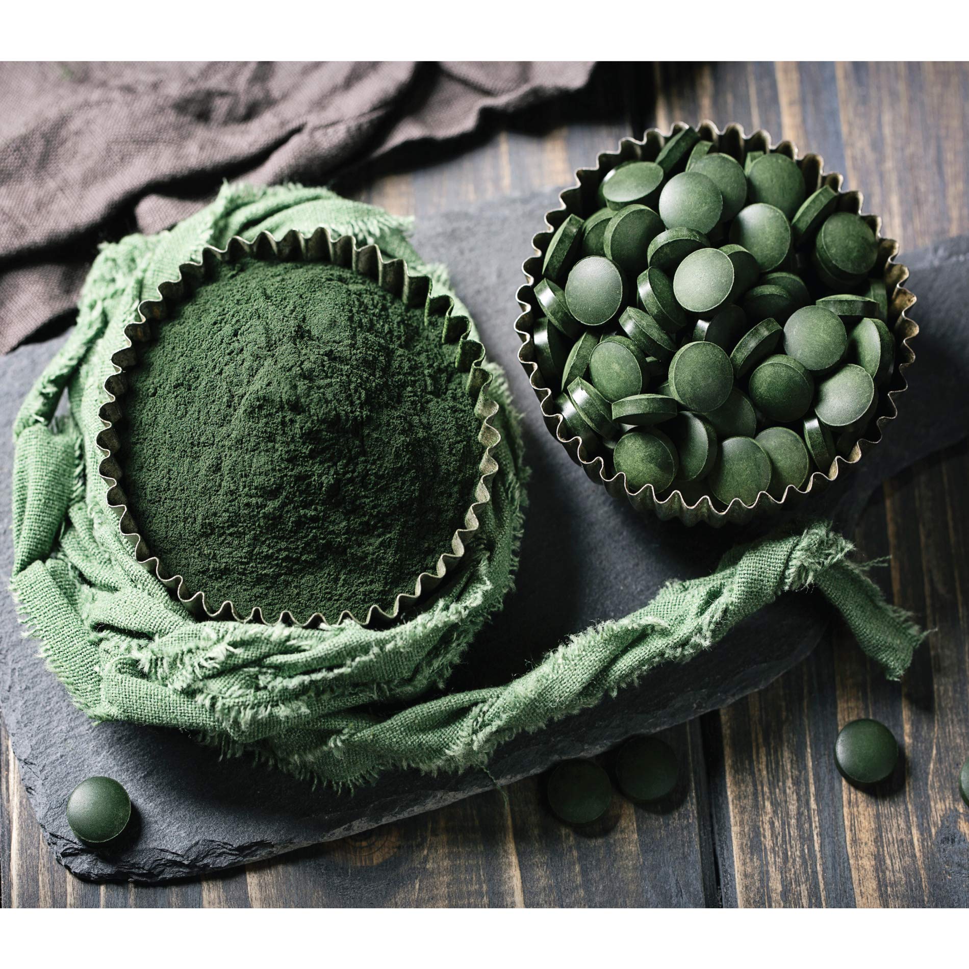Nutrition facts panel for Green Foods chlorella 500 mg highlights serving and ingredients.