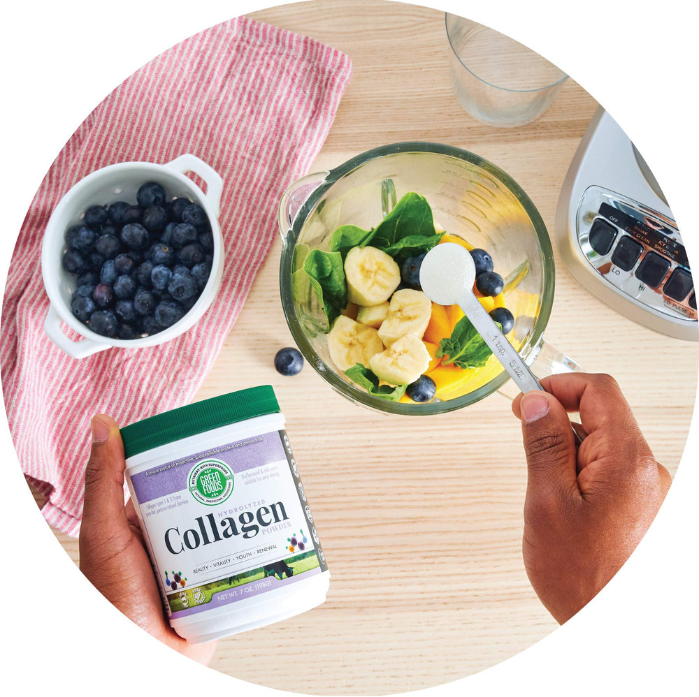 Green Foods Collagen Peptides bottle on kitchen counter, ready to add.