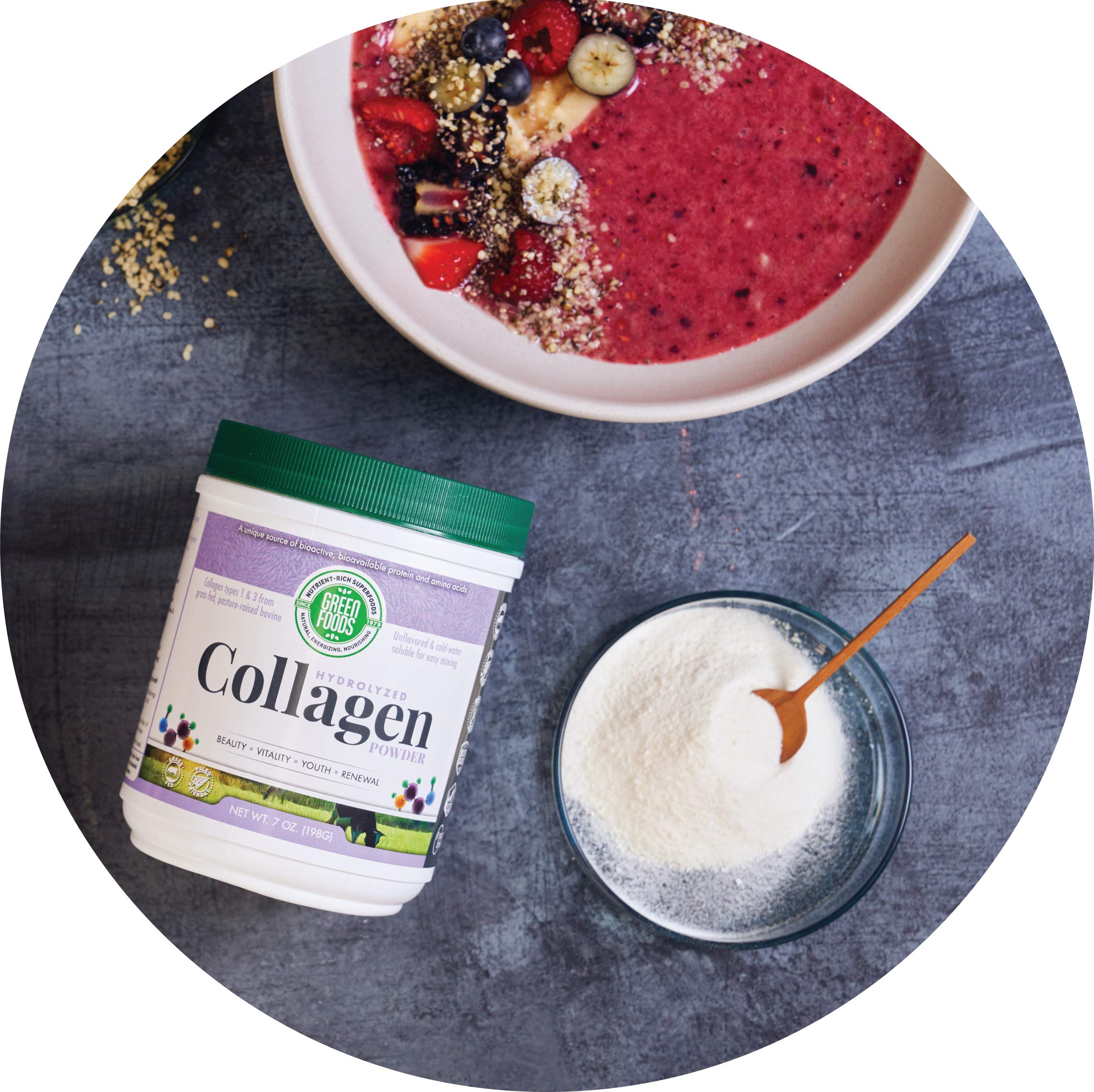 Green Foods Collagen Peptides dissolving in liquid, clump-free blend.