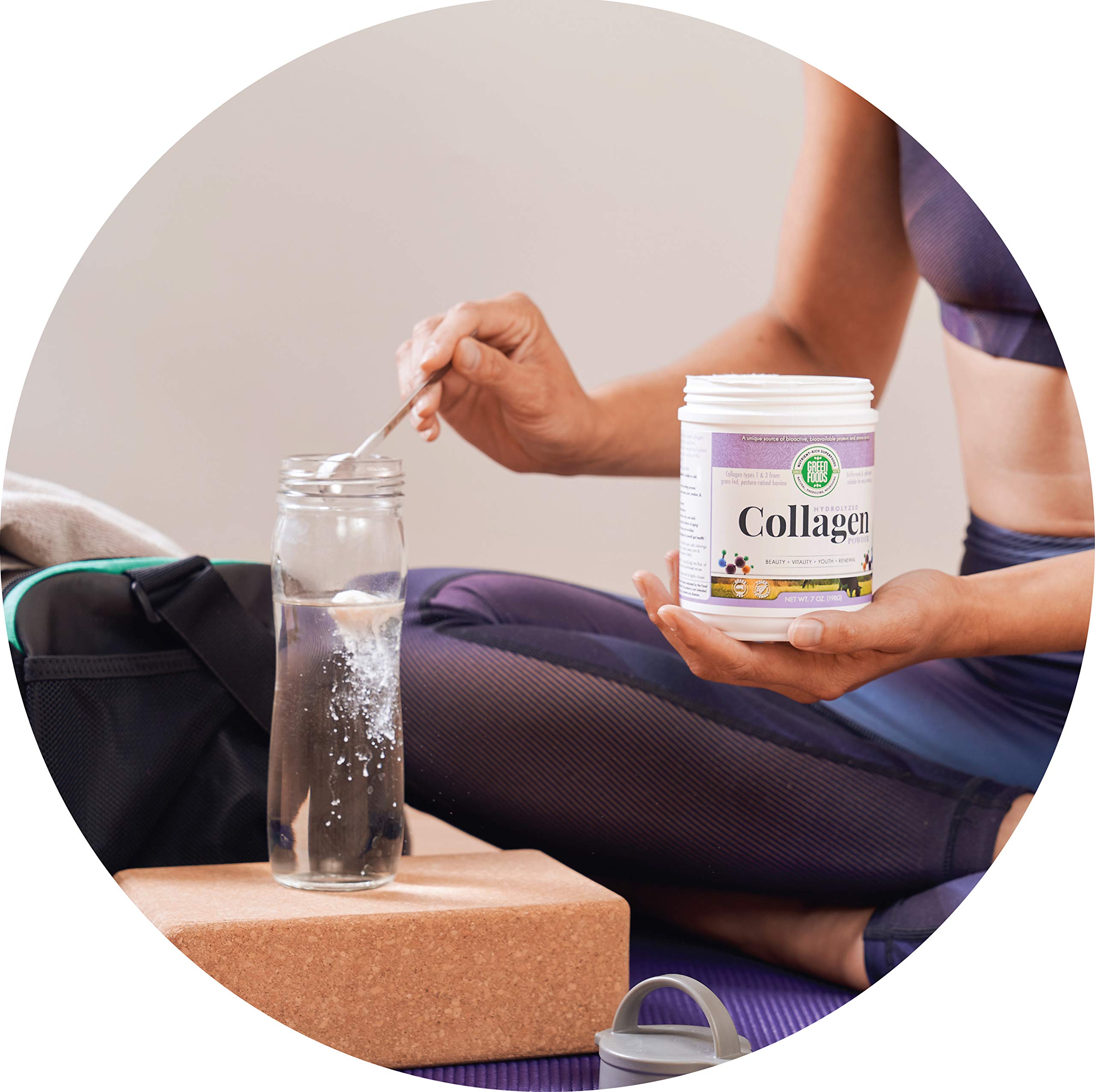 Green Foods Collagen Peptides in glass with powder, neutral flavor versatility.