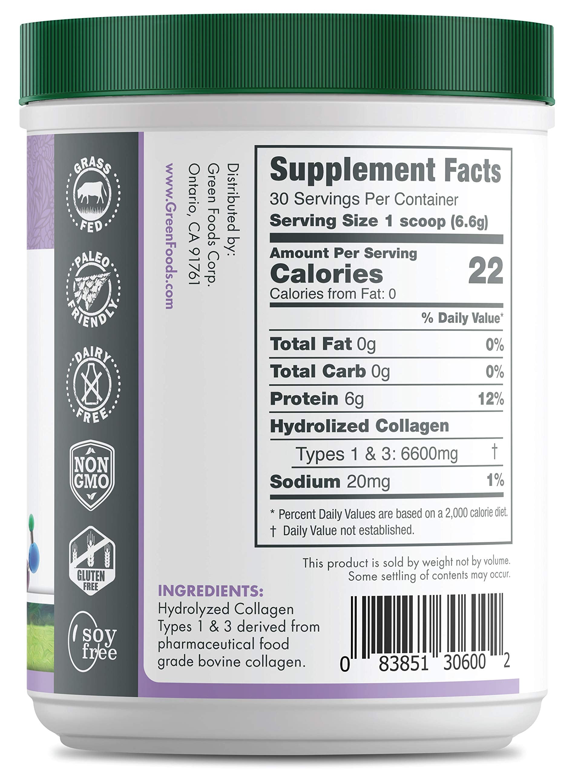 Green Foods Collagen Peptides ingredients panel, hydrolyzed for easy mixing.