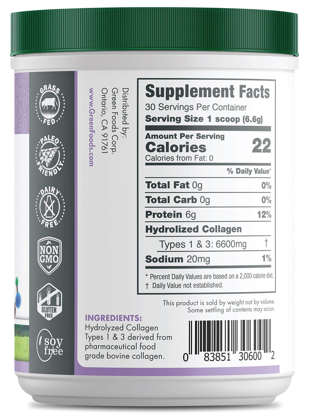 Green Foods Collagen Peptides ingredients panel, hydrolyzed for easy mixing.