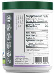 Green Foods Collagen Peptides ingredients panel, hydrolyzed for easy mixing.