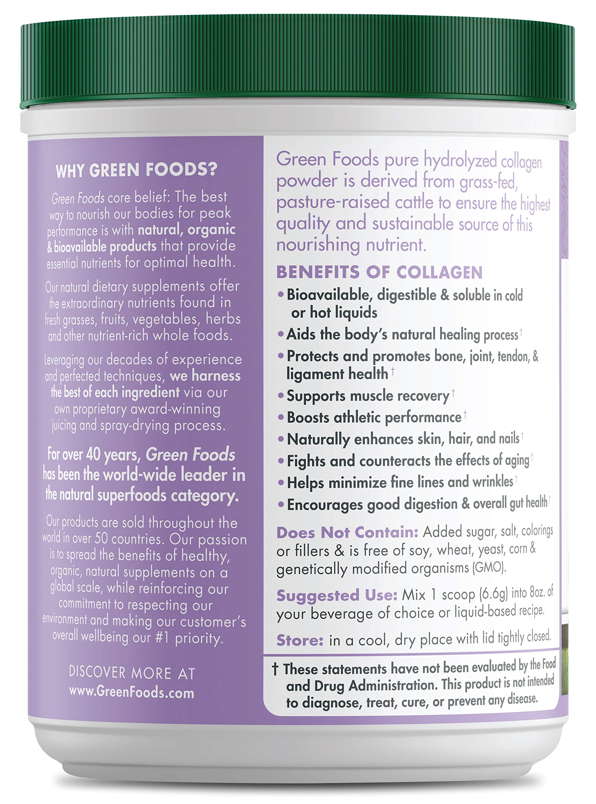 Green Foods Collagen Peptides tub back, clear nutrition details for informed choices.